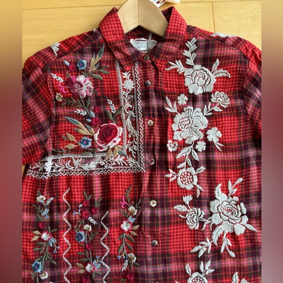 NWT Johnny Was Oversized Roma Button Down Plaid Embroidered Tunic Shirt - Picture 10 of 16